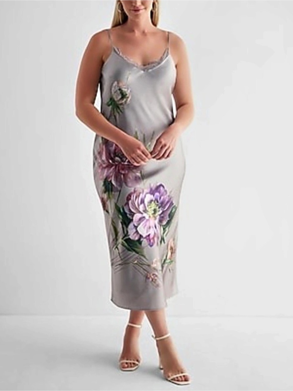 Express Satin Floral Lace Trim Midi Slip Dress size Medium NWT